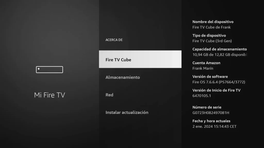 Dentro del Acerca de pulsar sobre el dispositivo Fire TV repetidamente