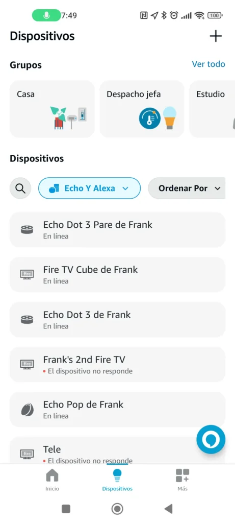 Filtro para dispositivos Echo y Alexa en la sección de dispositivos de la app Alexa