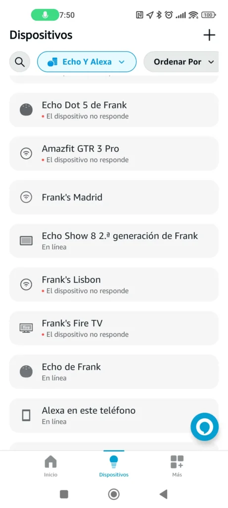 Listado de dispositivos Echo y Alexa en la sección de dispositivos de la app Alexa