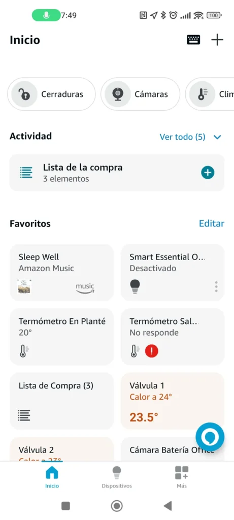 Página de inicio de la app Alexa