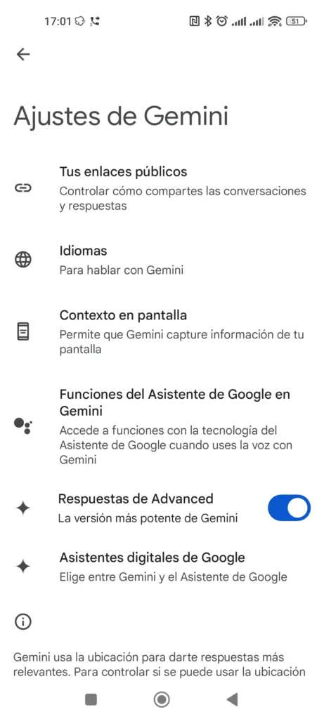 Ajustes de la app Google Gemini