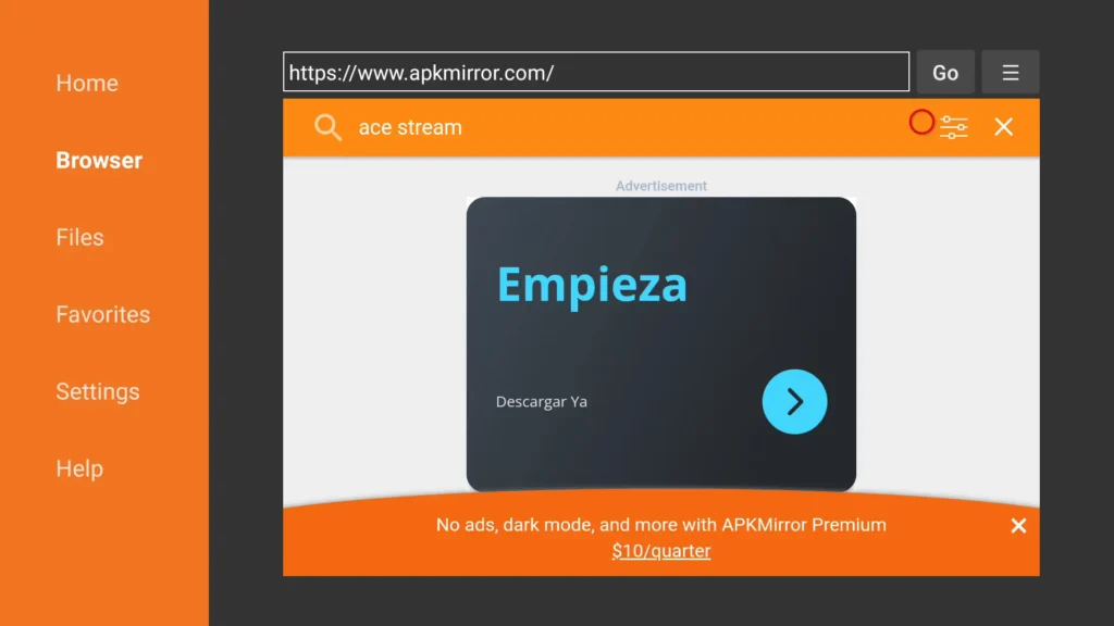 Downloader con el browser en apkmirror y buscando ace stream