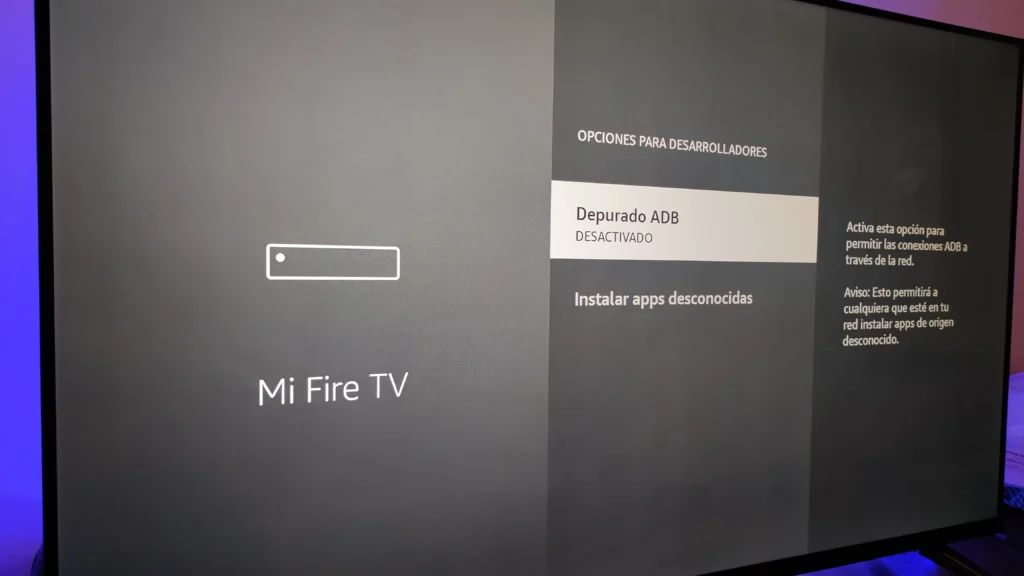 ADB en Fire TV no funciona. En la imagen Fire TV con la opción de depuración ADB desactivada