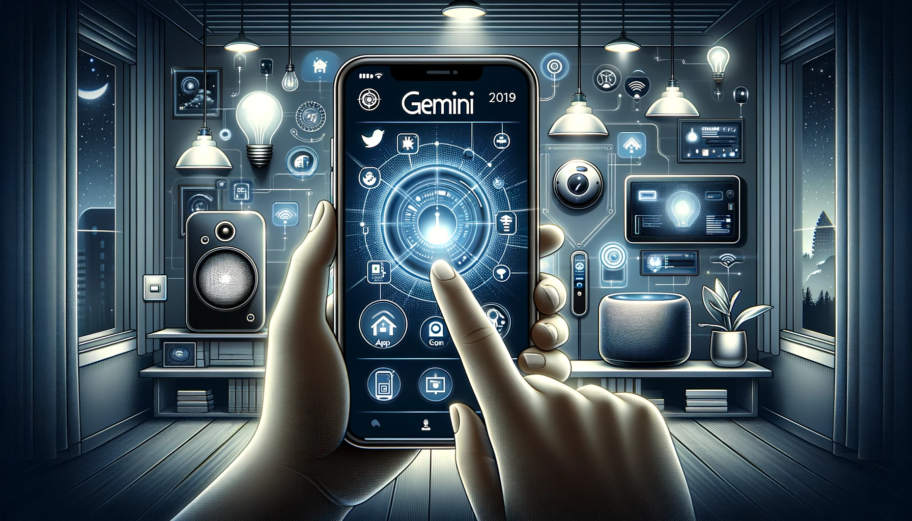 Guía de la app móvil Gemini | Tu mejor amigo inteligente del 2024 | Una persona usa su teléfono inteligente para interactuar con una variedad de dispositivos domésticos inteligentes