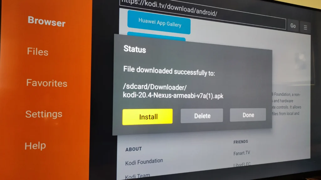 Kodi descargado en el Fire TV via Downloader listo para ser instalado