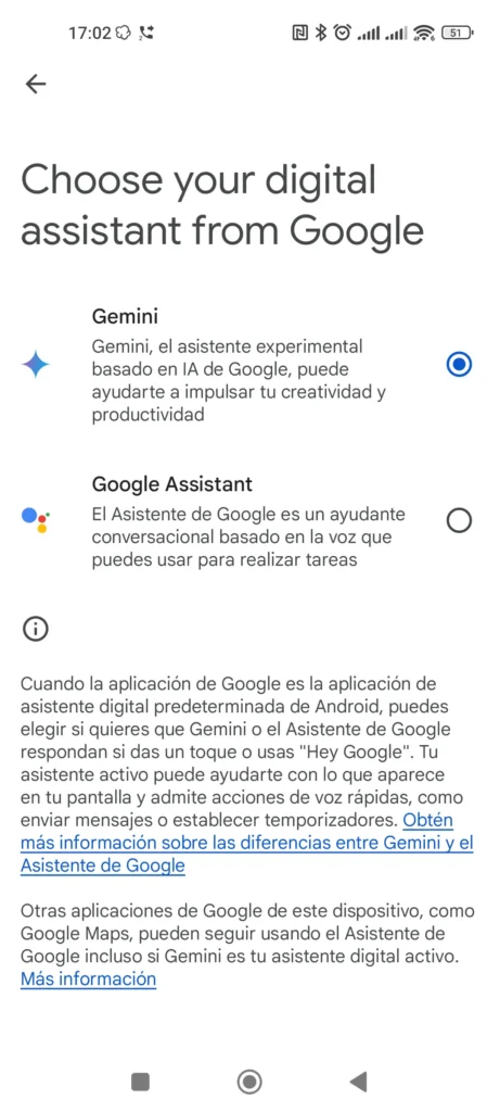 Selección del asistente digital desde los ajustes de Google Gemini