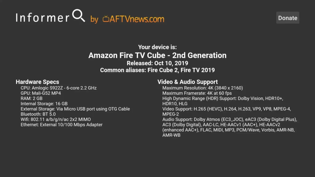 app Informer en un Fire TV Cube 2a gen