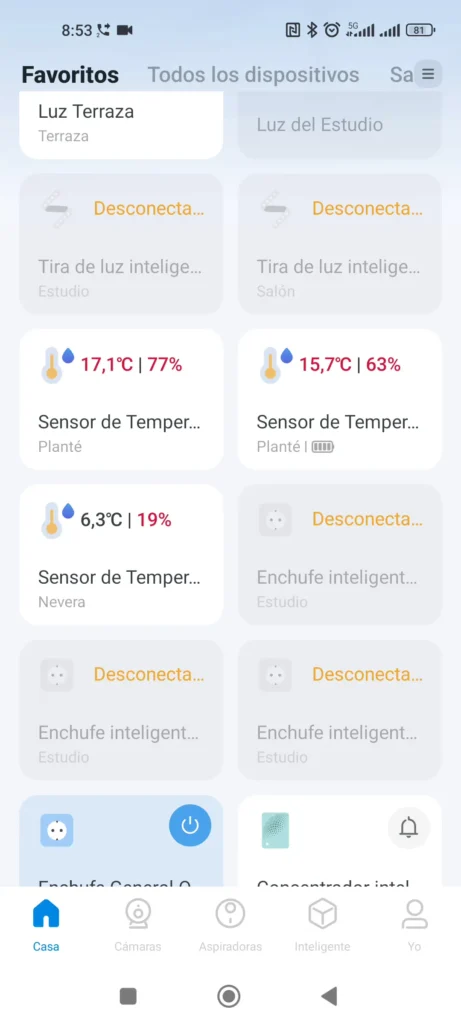 app TP-Link Tapo mostrando los valores de los sensores T310 y T315